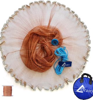 Drasry Saltwater American Fishing Cast Net 3/8inch Mesh Size for Bait Shrimp Trap Fish Heavy Duty Sinkers Throw Net 3FT/4FT/5FT/6FT/7FT/8FT/9FT/10FT Radius